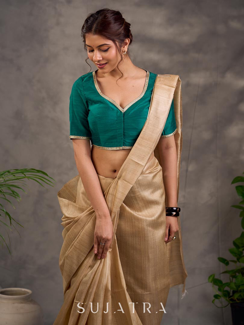 Handcrafted Beige Pure Tussar Silk Saree