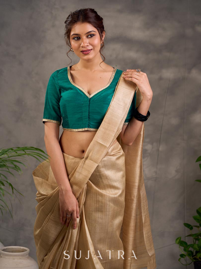 Handcrafted Beige Pure Tussar Silk Saree