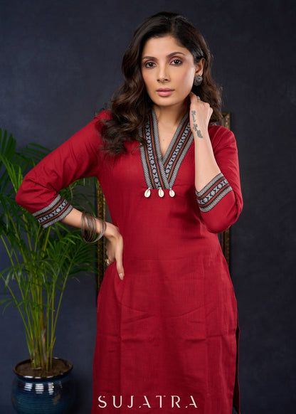 Maroon Cotton Tunic With Ikat Patterns And A Stylish Collars - Pant Optional
