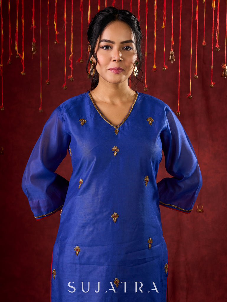 Blue Chanderi Hand Embroidered Kurta