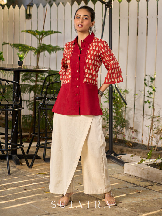 Deep Maroon Panelled Cotton Shirt Featuring Traditional Leaf Block Prints
