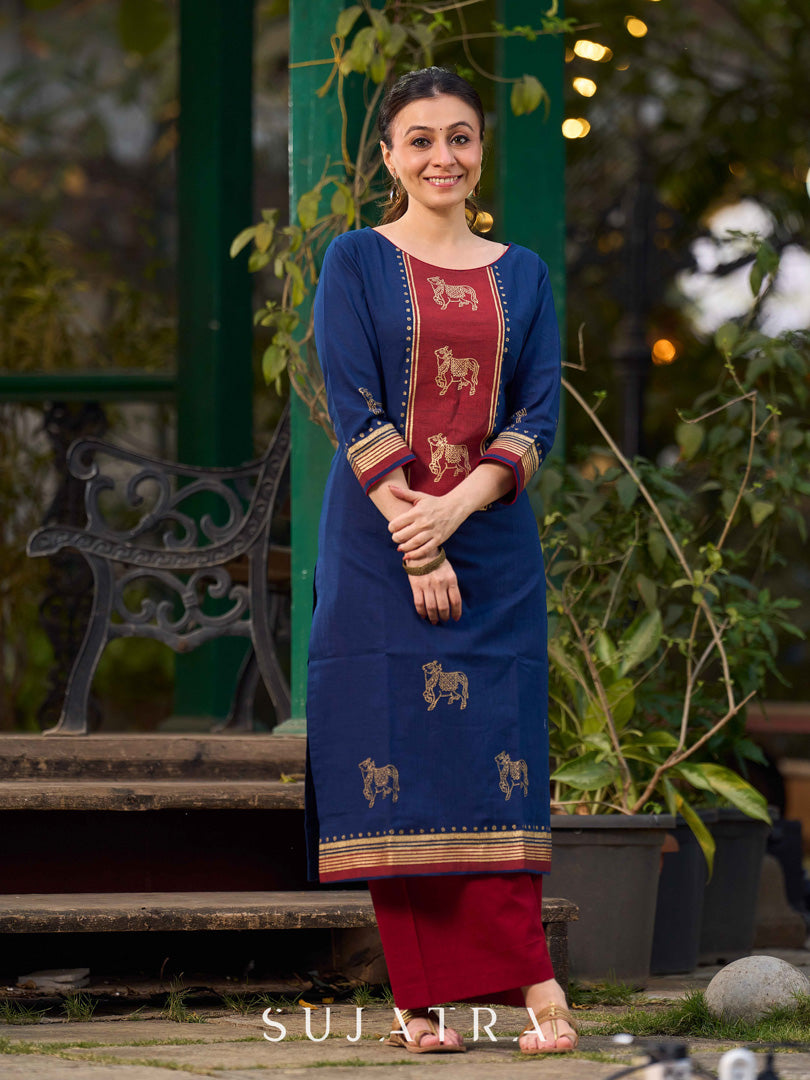 Classic Navy Blue Cotton Hand Block Printed Kurta With Exquisite Golden Pichwai Cow Print