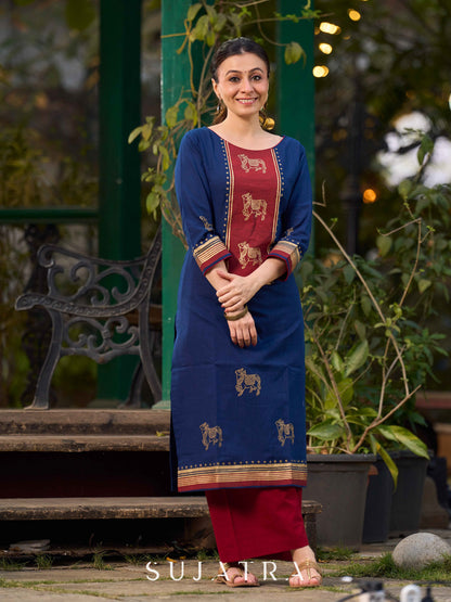 Classic Navy Blue Cotton Hand Block Printed Kurta With Exquisite Golden Pichwai Cow Print