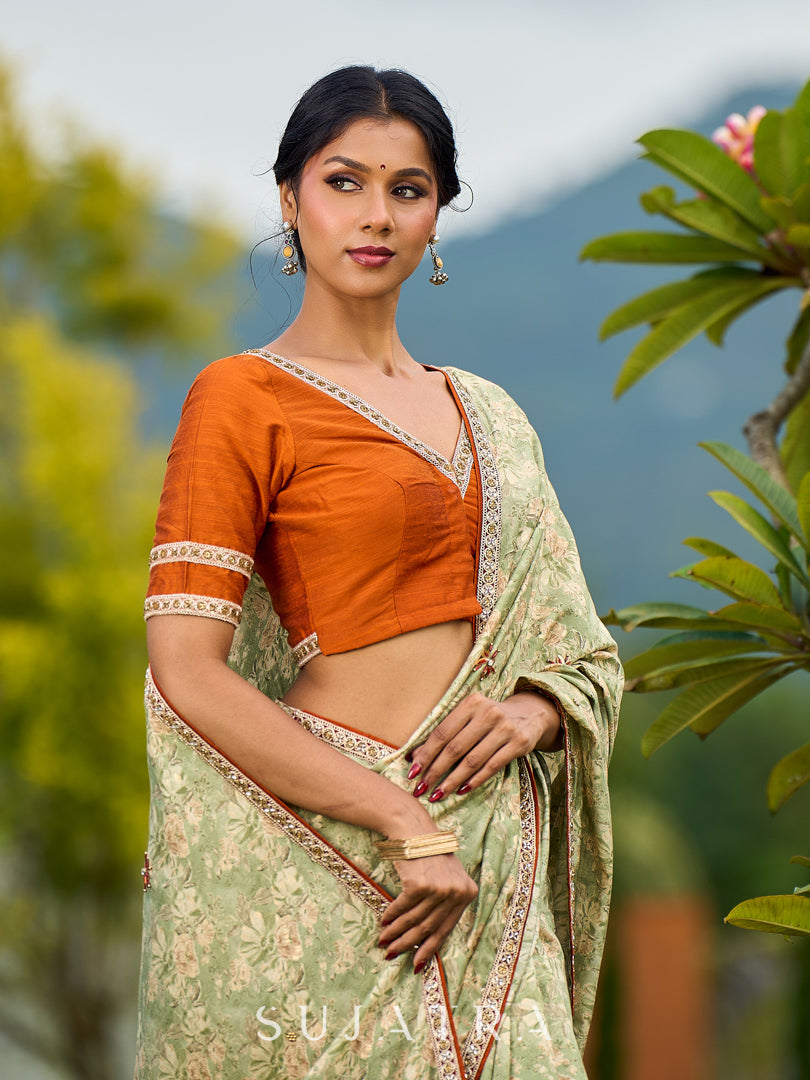 Enchanting Rust Cotton Silk Blouse with Embroidered Lace Trim