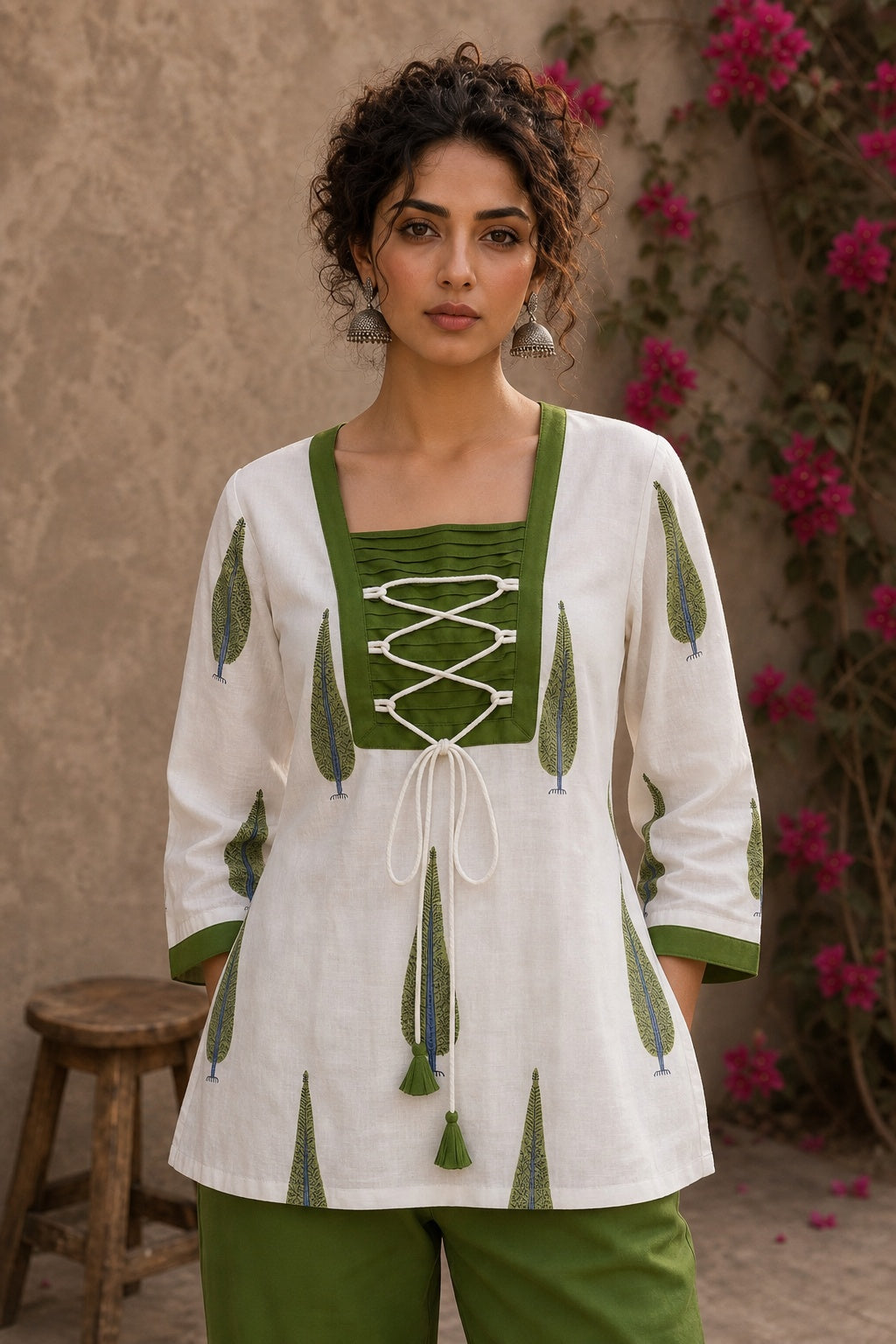 Pretty white Jaipur floral top featuring green leaf motifs, intricate pin-tuck neck, and feminine tie-lace details.