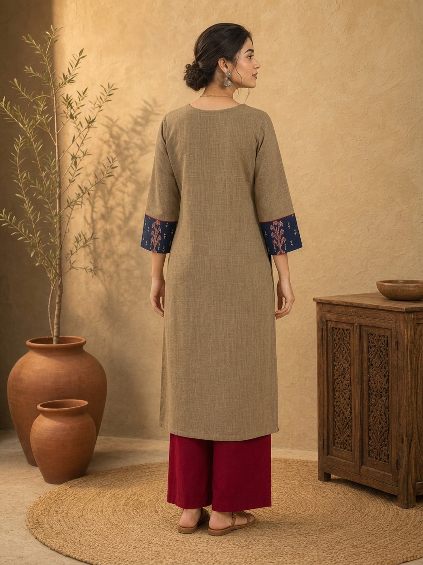 Chic Beige Cotton Kurta with Ajrakh Printed V-Placket & Contrast Navy Cuff Panels