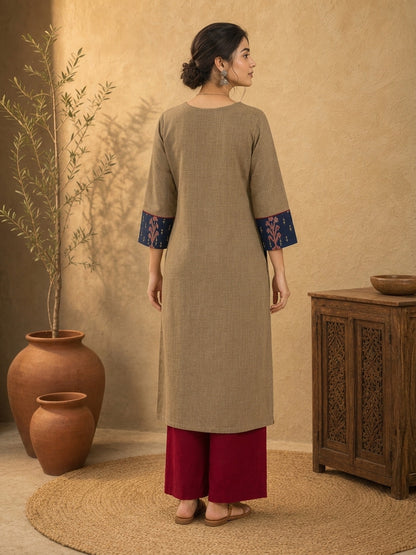 Chic Beige Cotton Kurta with Ajrakh Printed V-Placket & Contrast Navy Cuff Panels