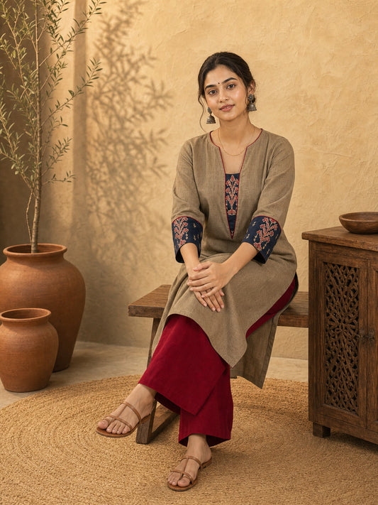 Chic Beige Cotton Kurta with Ajrakh Printed V-Placket & Contrast Navy Cuff Panels