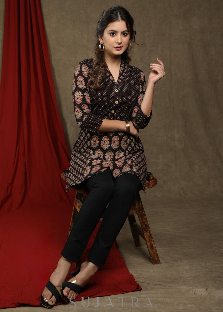 Exclusive black cotton ajrakh combination tunic with chelsea collar