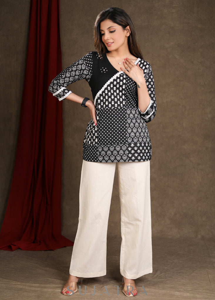 Black Cotton Katha Printed Top with Moti & Lace Detailing