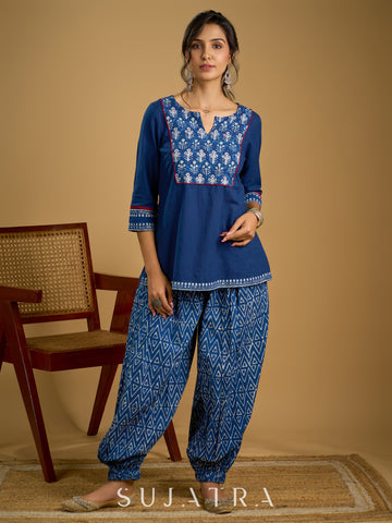Stylish embroiderd cotton indigo top - Indigo balloon pant optional