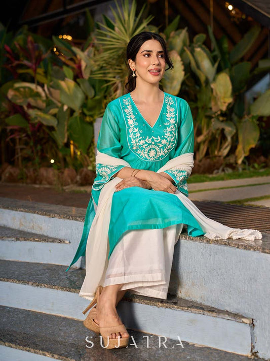 Exquisite Aqua Blue Chanderi Kurta with Intricate Kashida Embroidery