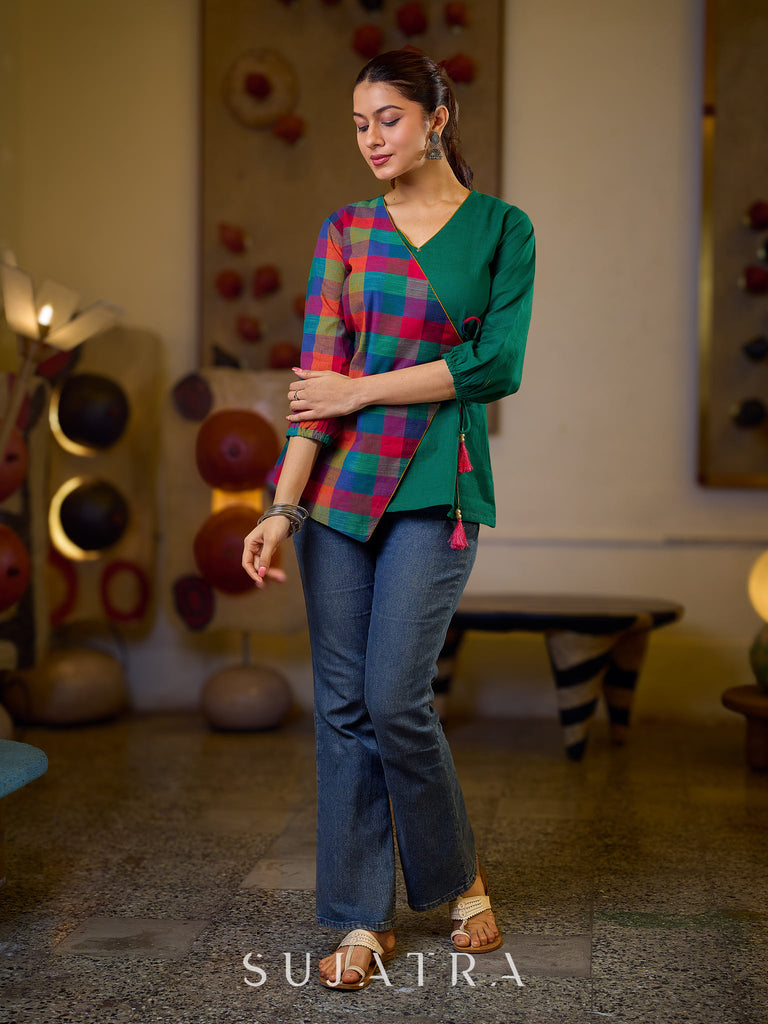 Vibrant Checkered Handloom Cotton Wrap Style Top with Plain Green Combination