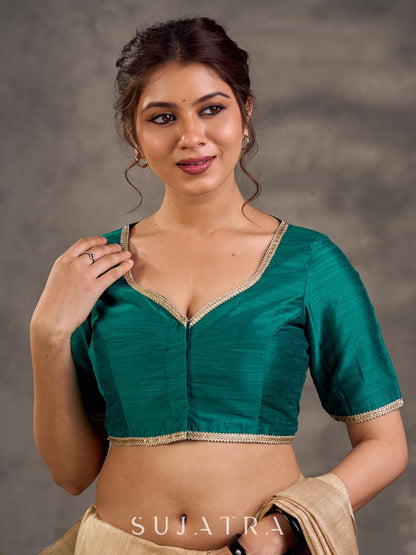 Teal Green Cotton Silk Blouse with Lace Trim on Neckline and Sleeve Hem