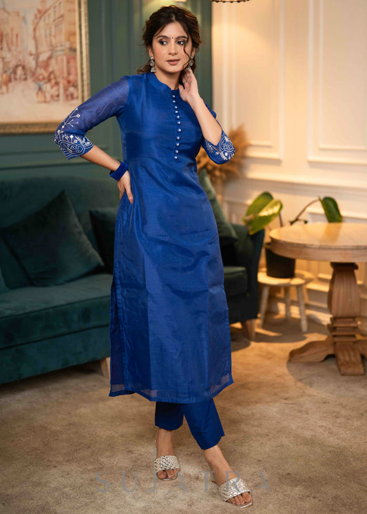Beautiful Royal Blue Chanderi Kurta With Silver Embroidery On Sleeves - Pant Optional
