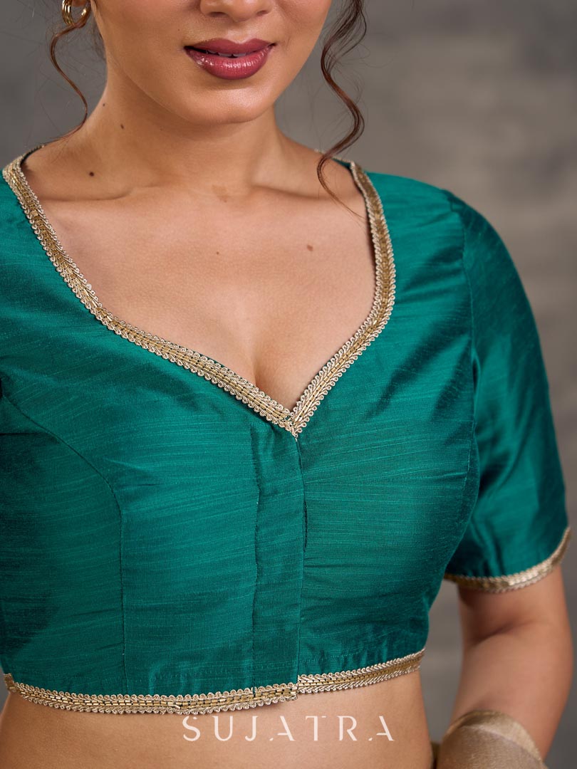 Teal Green Cotton Silk Blouse with Lace Trim on Neckline and Sleeve Hem