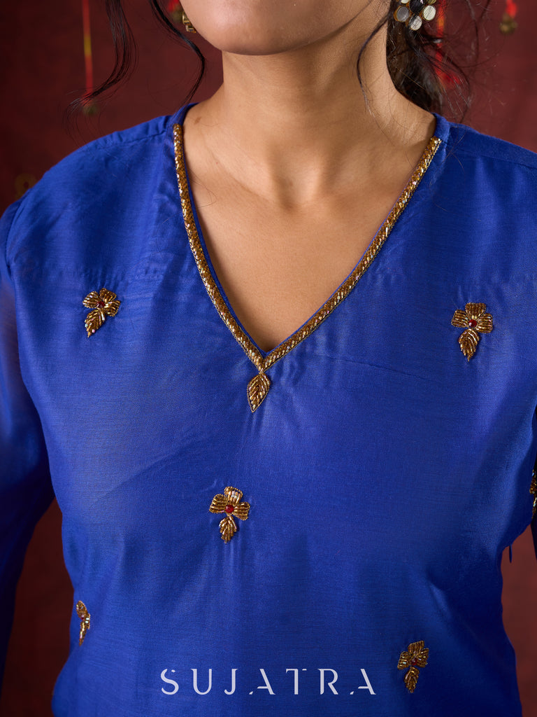 Blue Chanderi Hand Embroidered Kurta
