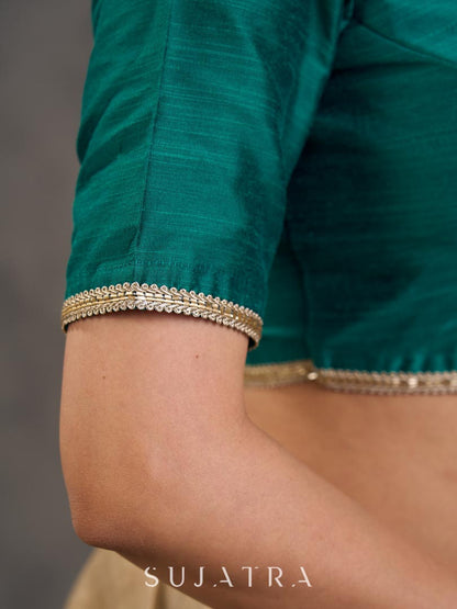 Teal Green Cotton Silk Blouse with Lace Trim on Neckline and Sleeve Hem