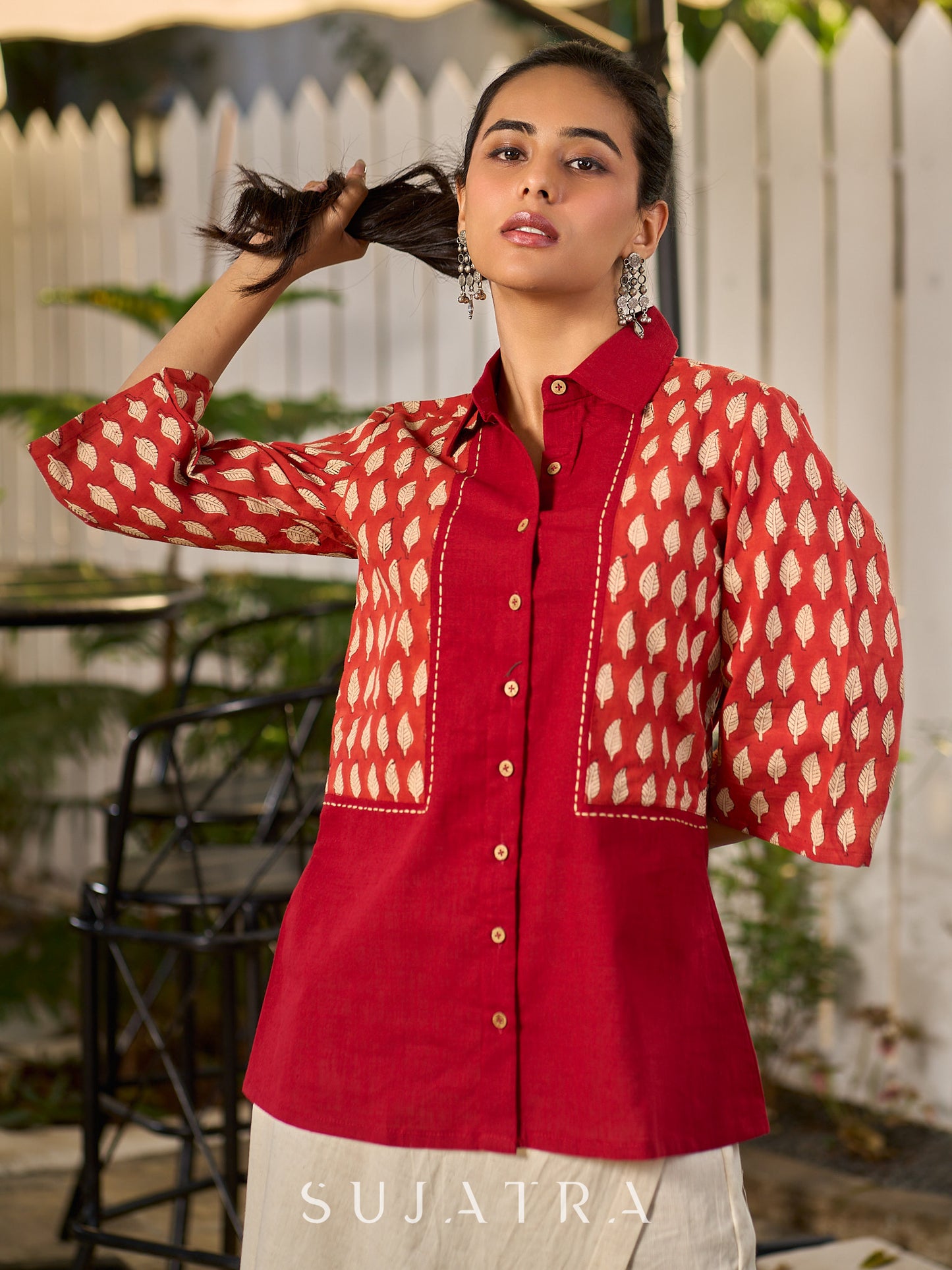 Deep Maroon Panelled Cotton Shirt Featuring Traditional Leaf Block Prints