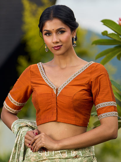 Enchanting Sage Green Saree with All-Over Foil Floral Print & Golden-Orange Trim Detail with Hand Embroidered Pallu