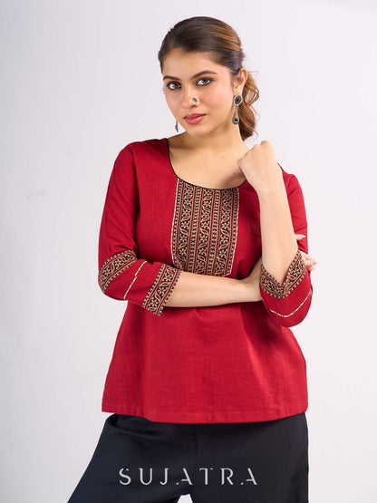 Maroon Cotton Top with Ajrakh Printed Panel & Bow Back Design