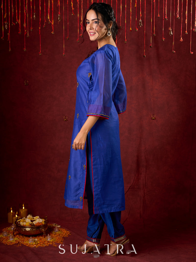 Blue Chanderi Hand Embroidered Kurta