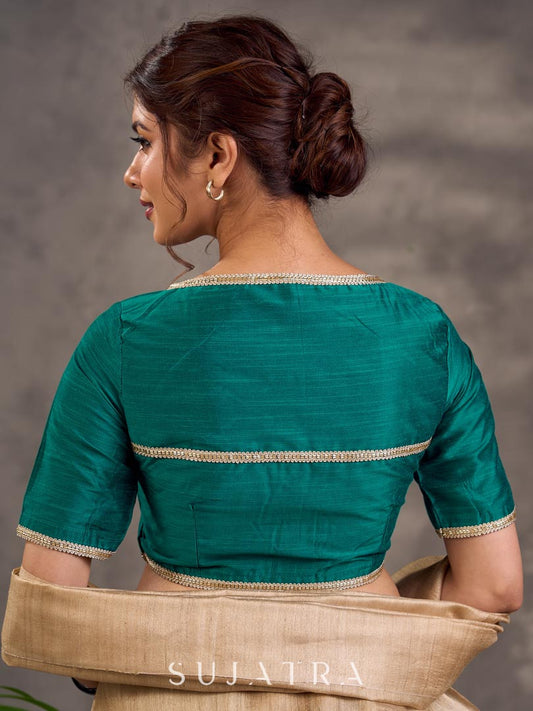 Teal Green Cotton Silk Blouse with Lace Trim on Neckline and Sleeve Hem