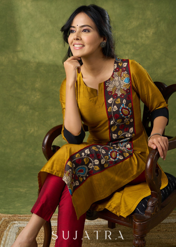 Elegant Mustard Cotton Silk Kalamkari Kurta - Pant Optional