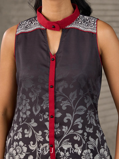 Black and maroon ombré Kalamkari inspired motif printed shirt dress with slit mandarin collar and maroon accents