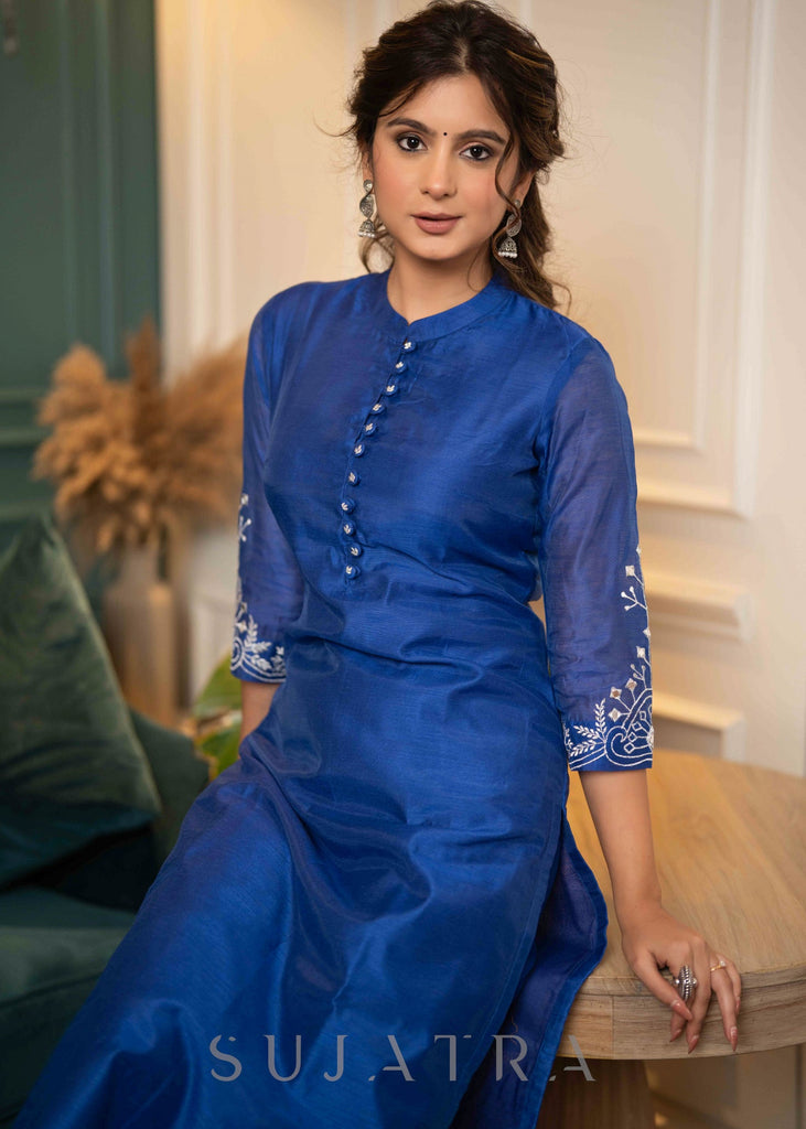 Beautiful Royal Blue Chanderi Kurta With Silver Embroidery On Sleeves - Pant Optional