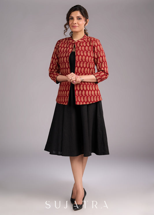 Timeless Ajrakh Maroon Printed Jacket with Contrasting Black Piping Detail - Dress optional