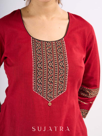Maroon Cotton Top with Ajrakh Printed Panel & Bow Back Design