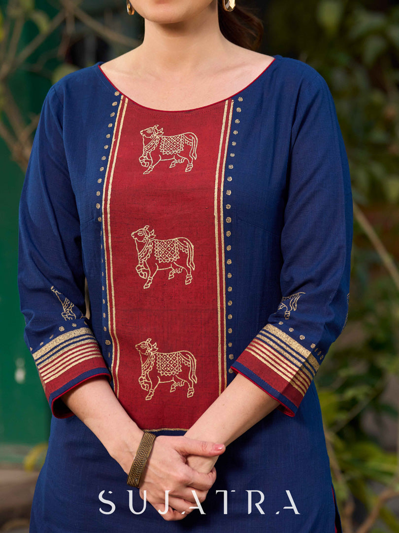 Classic Navy Blue Cotton Hand Block Printed Kurta With Exquisite Golden Pichwai Cow Print