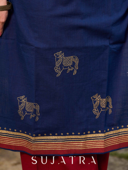 Classic Navy Blue Cotton Hand Block Printed Kurta With Exquisite Golden Pichwai Cow Print
