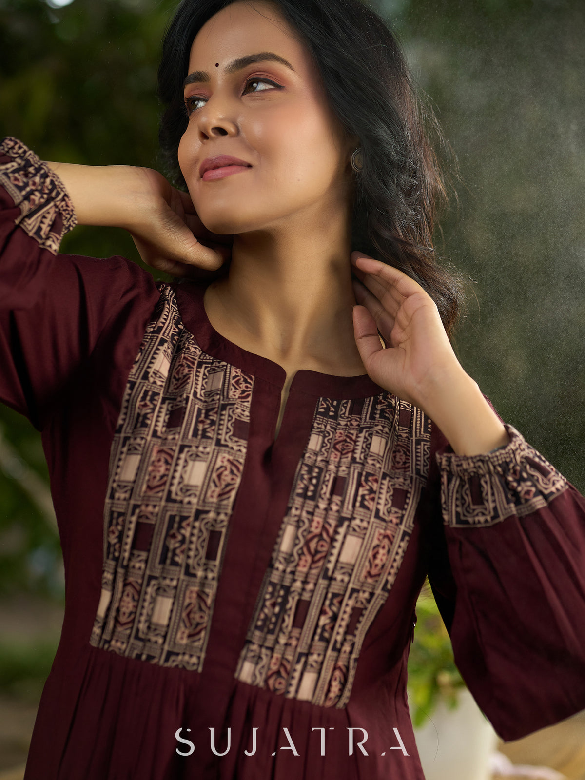 Dussehra Sale — Brown flowy Rayon Pleated Kurta with Contrast Ajrakh Yoke - Pant Optional