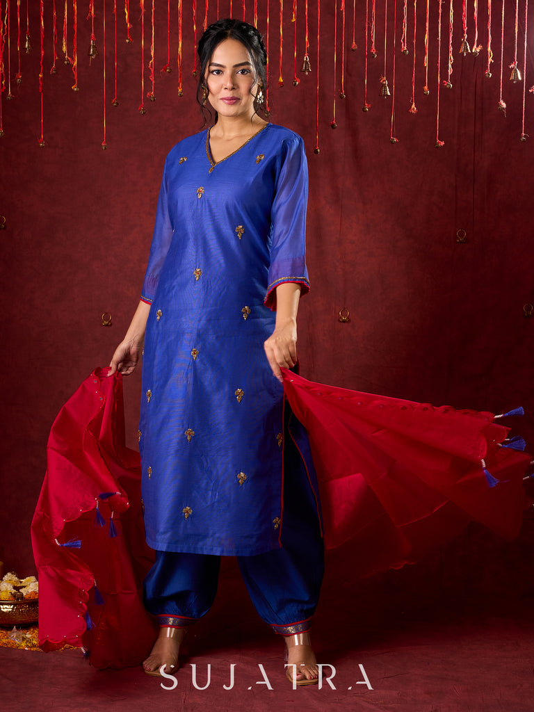 Blue Chanderi Hand Embroidered Kurta