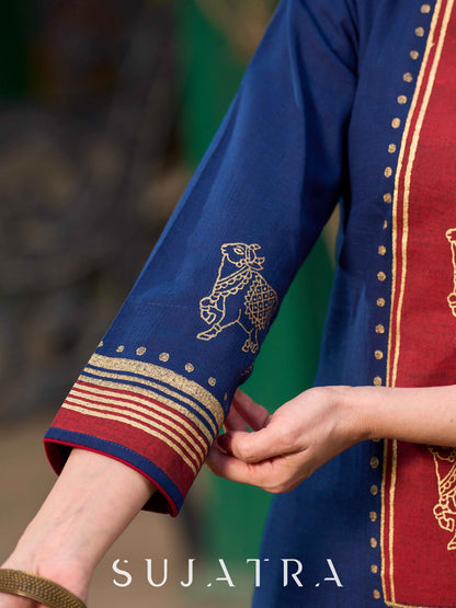 Classic Navy Blue Cotton Hand Block Printed Kurta With Exquisite Golden Pichwai Cow Print