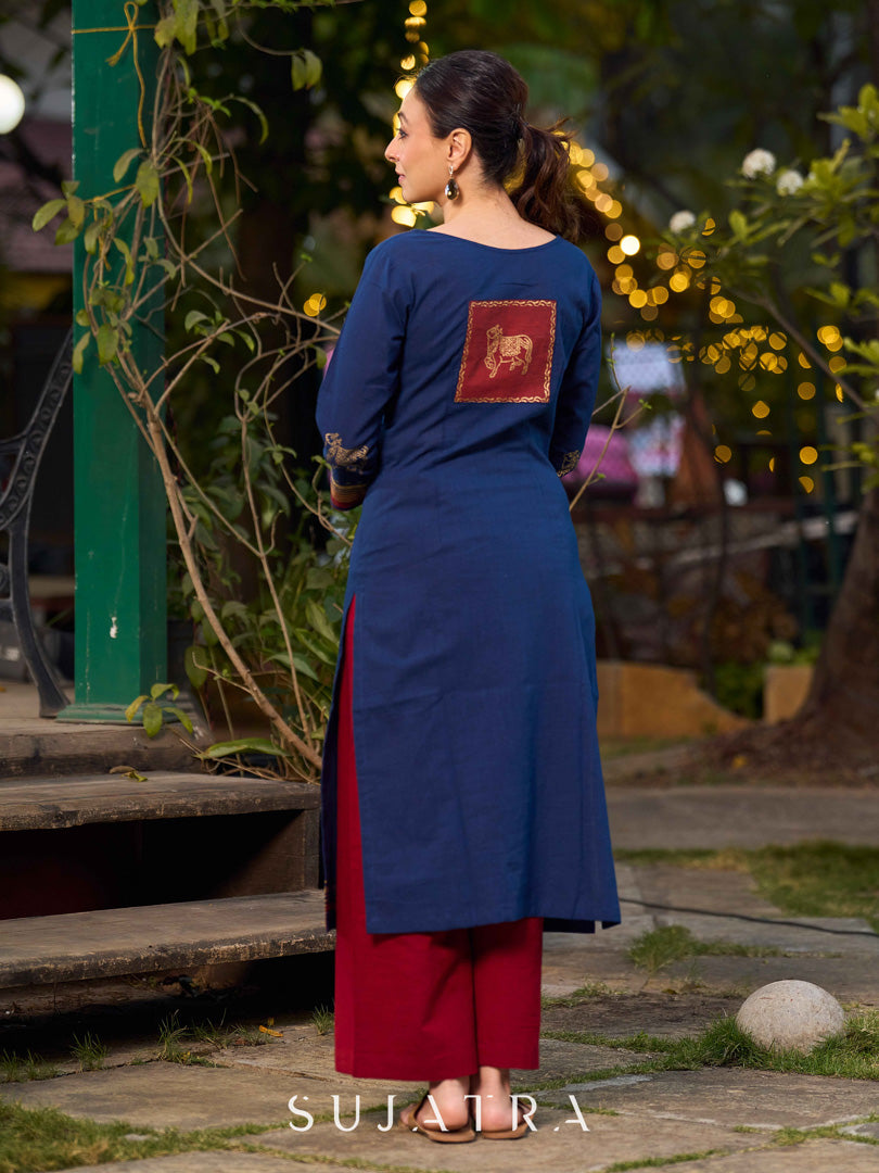 Classic Navy Blue Cotton Hand Block Printed Kurta With Exquisite Golden Pichwai Cow Print