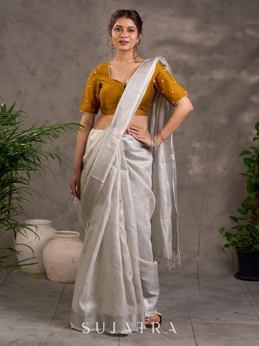 Elevated Grey Linen Saree with Cutwork