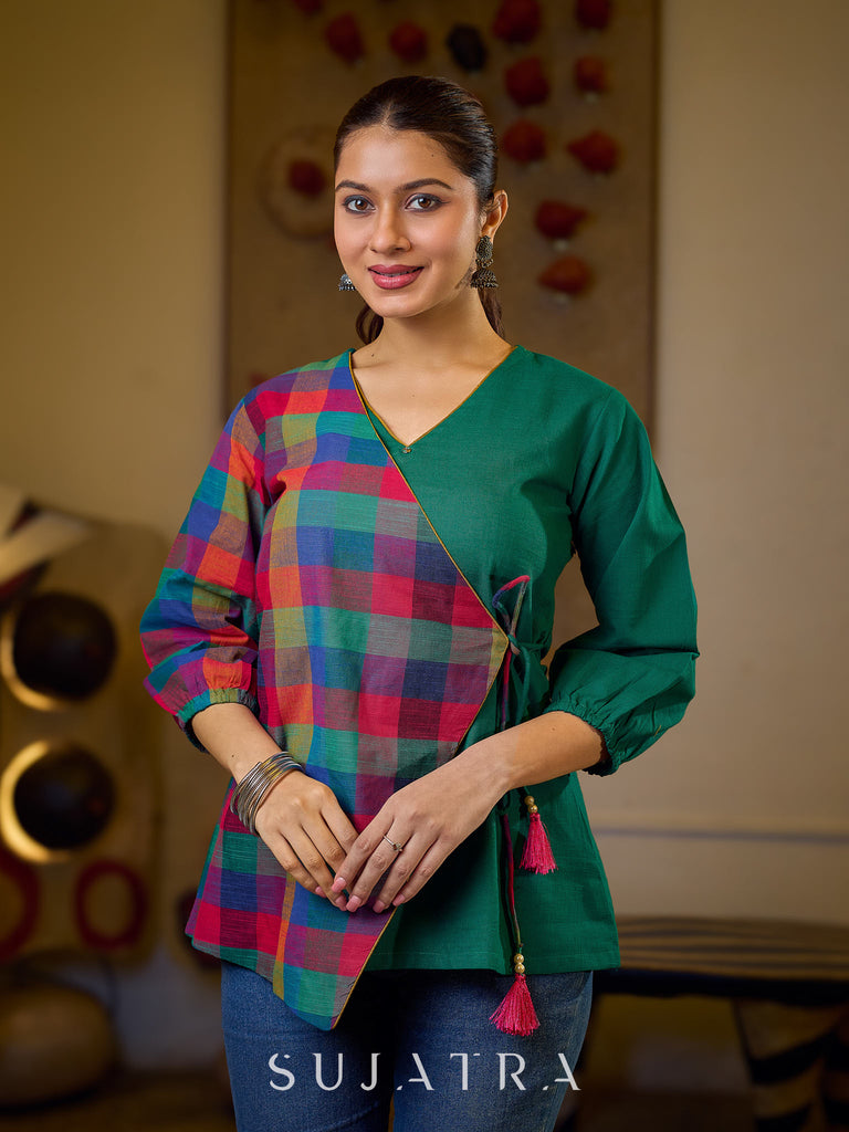 Vibrant Checkered Handloom Cotton Wrap Style Top with Plain Green Combination