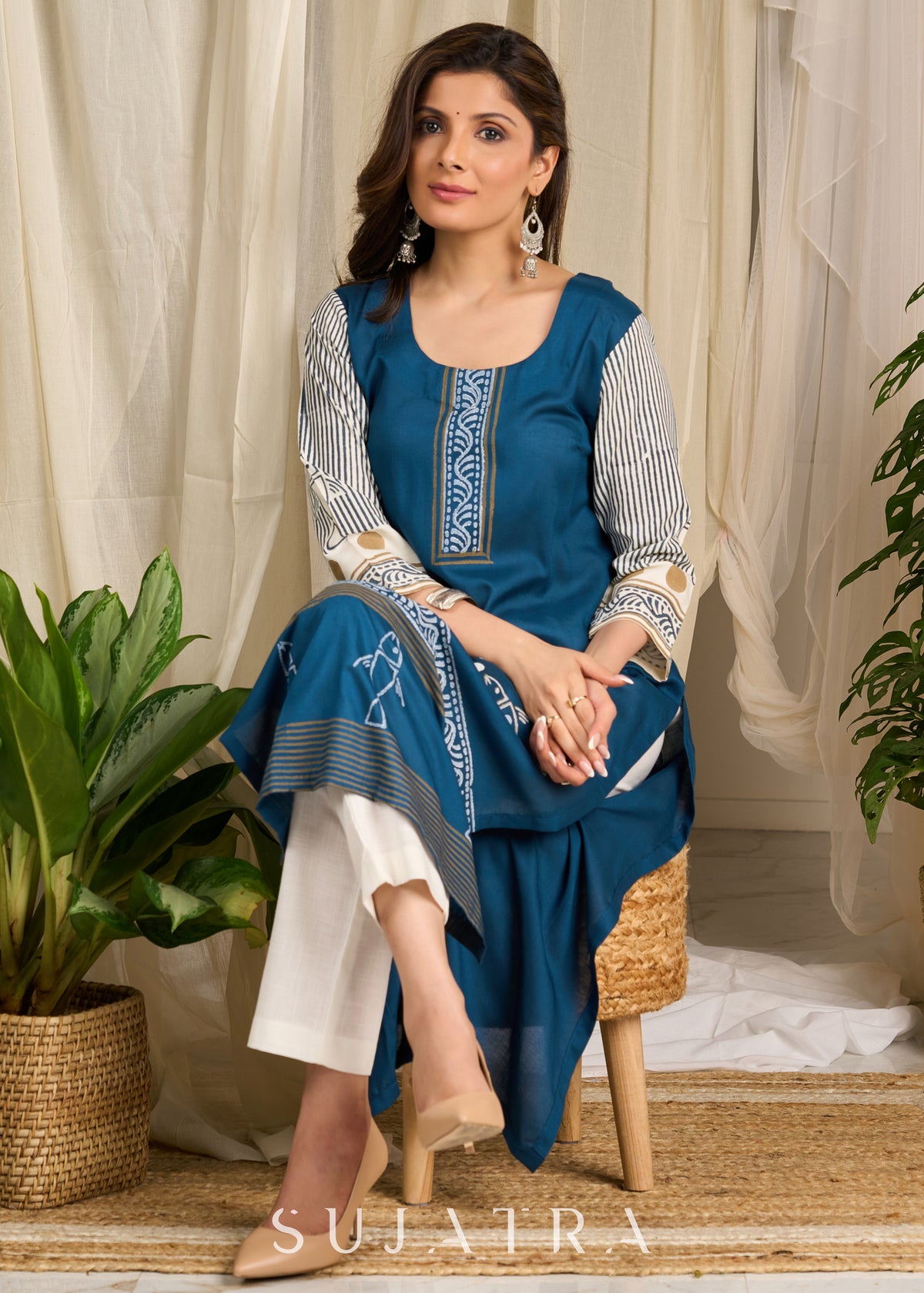 Dussehra Sale — Elegant blue rayon kurta flaunting traditional block prints in a modern accent