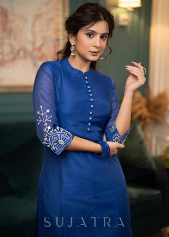 Beautiful Royal Blue Chanderi Kurta With Silver Embroidery On Sleeves - Pant Optional