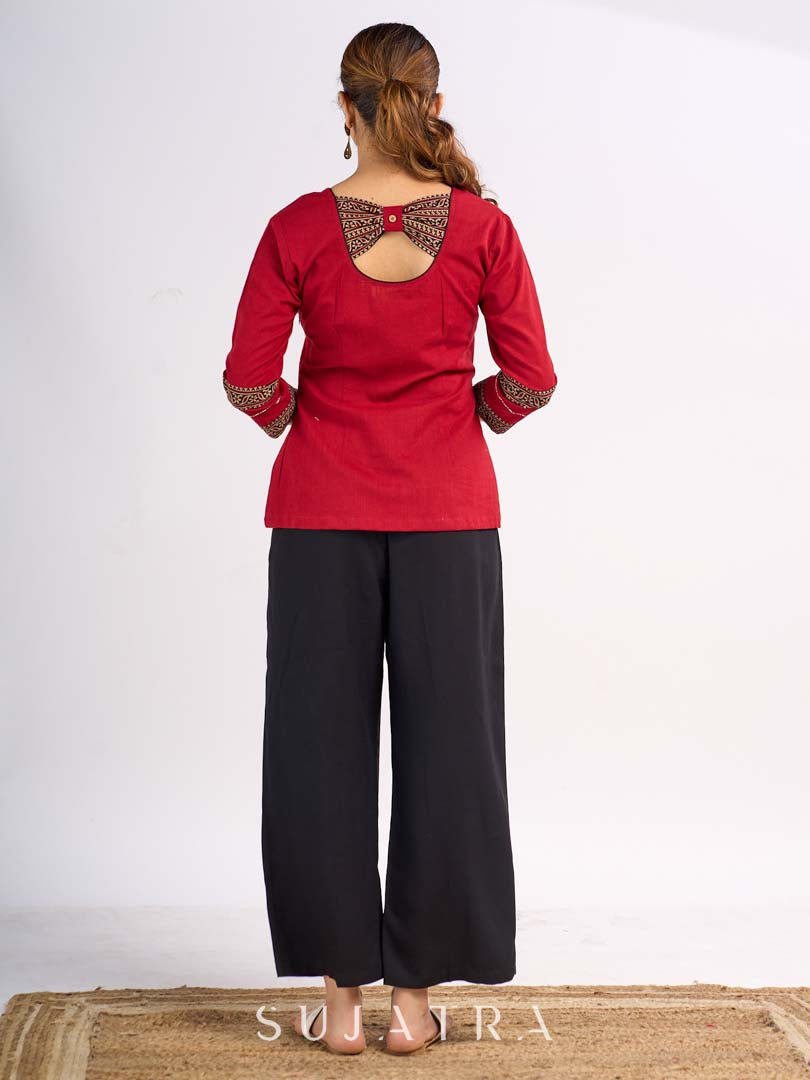 Maroon Cotton Top with Ajrakh Printed Panel & Bow Back Design