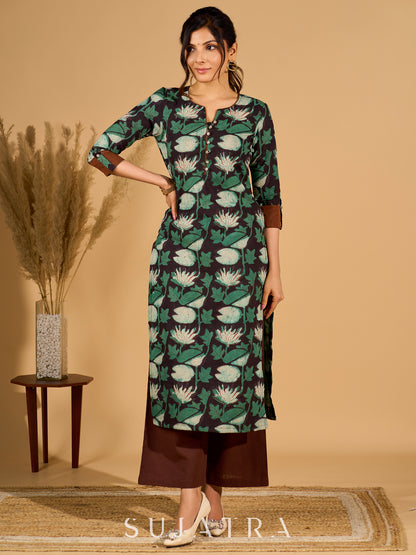 Blossomed Black Cotton Kurta with Contrasting Cuffs and Graceful Highlights