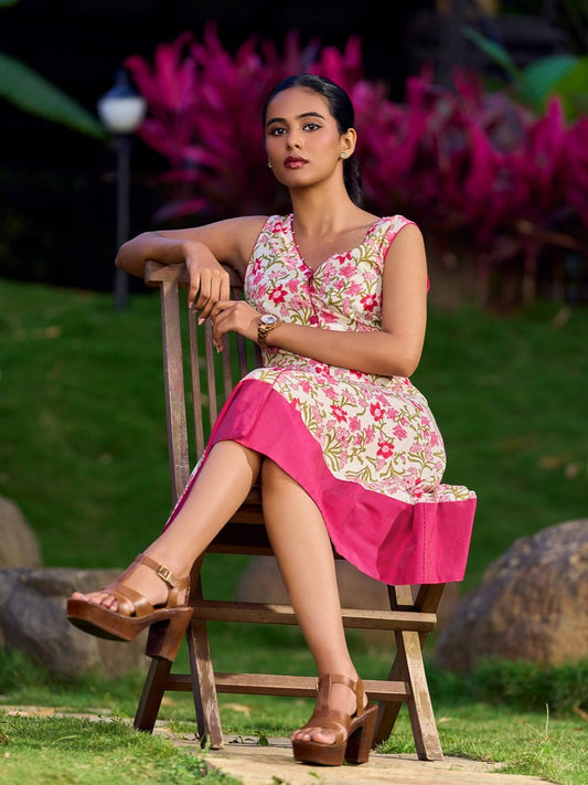 Soft Ivory Floral Cotton Dress With Magenta Panel And Front Button Placket