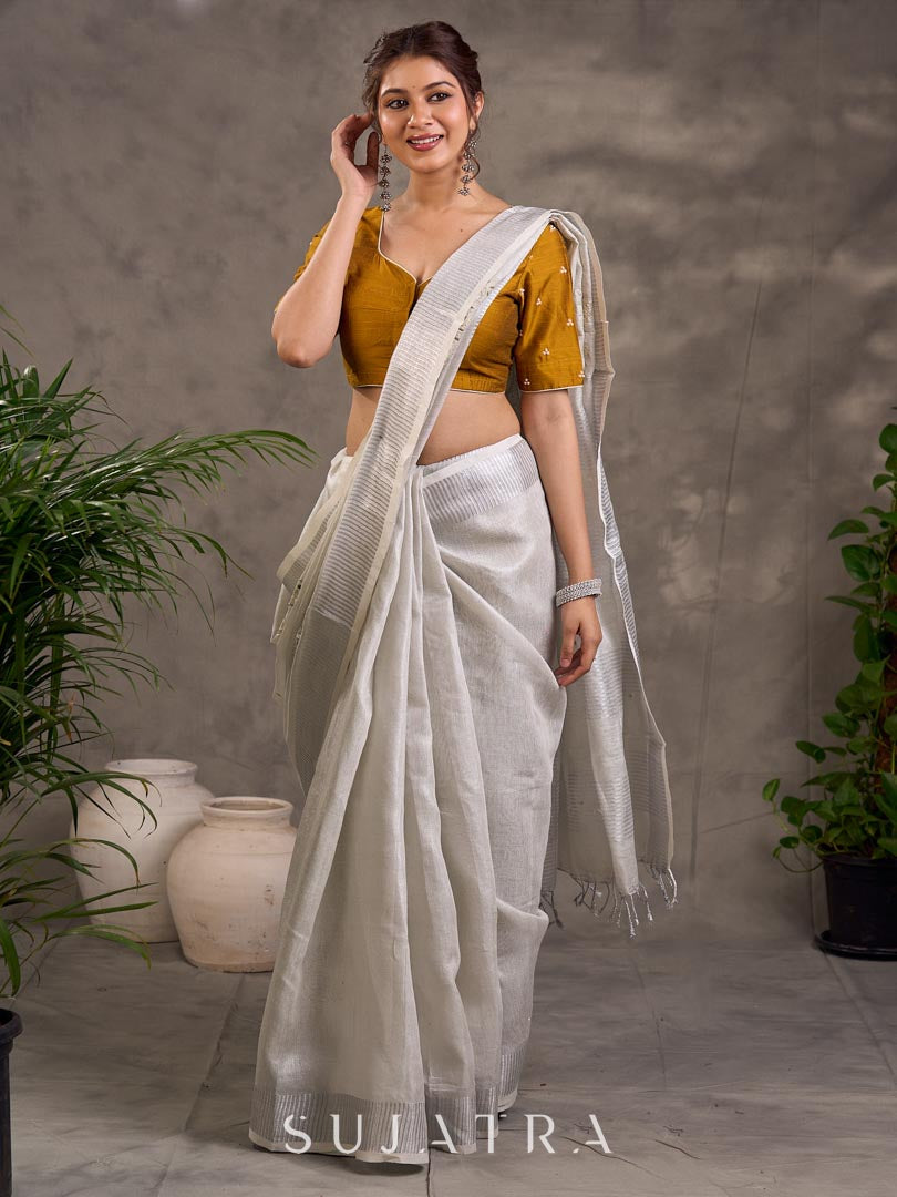 Elevated Grey Linen Saree with Cutwork