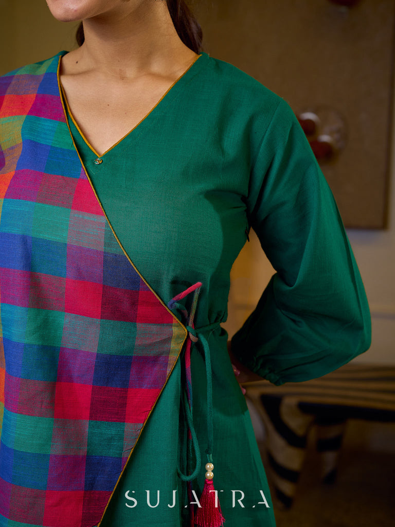 Vibrant Checkered Handloom Cotton Wrap Style Top with Plain Green Combination