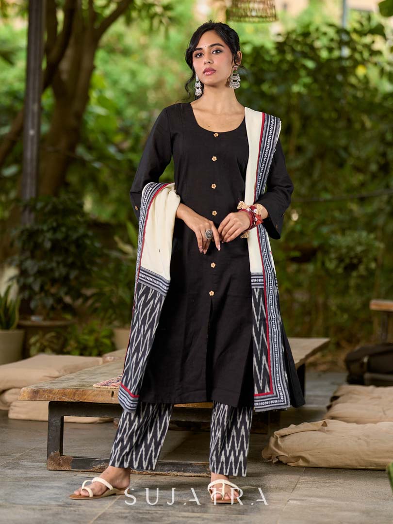 Graceful Off White Rayon Dupatta with Contrasting Ikat Pallu & Minimal Hand Embroidery