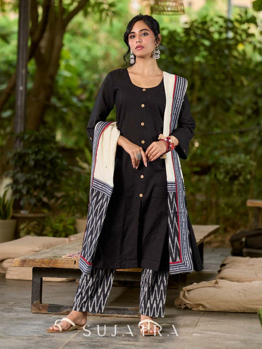 Graceful Off White Rayon Dupatta with Contrasting Ikat Pallu & Minimal Hand Embroidery