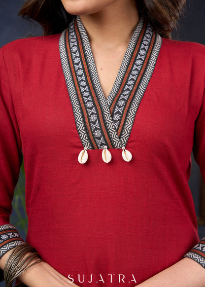 Maroon Cotton Tunic With Ikat Patterns And A Stylish Collars - Pant Optional